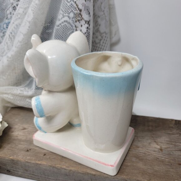 Vintage Baby Elephant Planter Vase Blue & Pink Trunk up - Picture 8 of 9